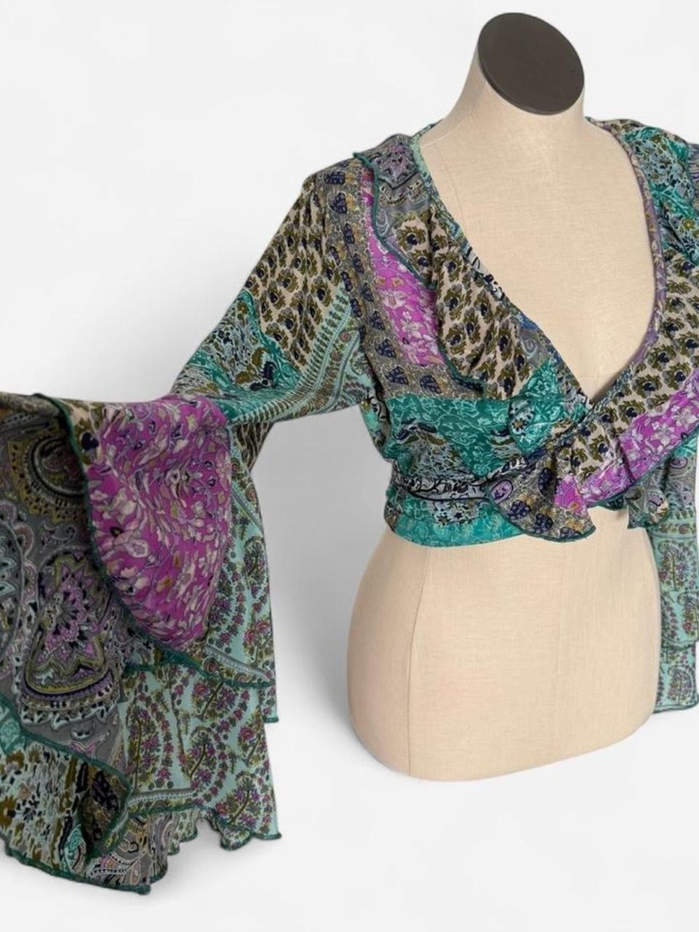 Silk Boho Paisley Tie-Front Crop Top in Teal & Purple